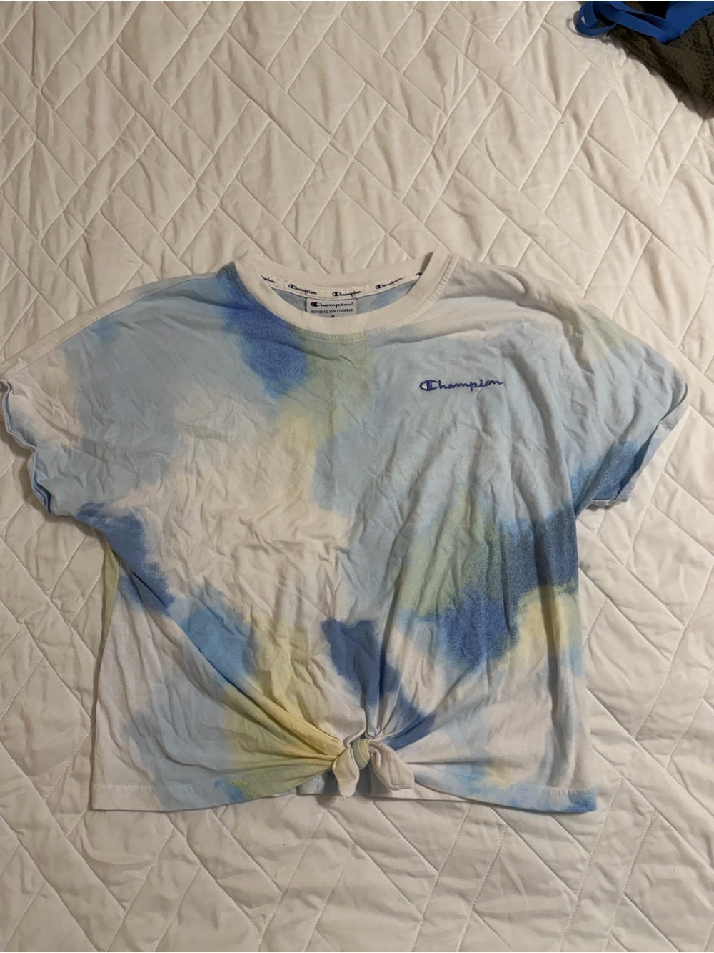 Champion Tie-Dye Knot Crop Tee in Blue & Yellow